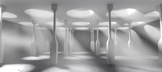 futuristic architecture, hall with columns, concrete walls, fog and rays of light, 3d rendering with copy space for advertising products