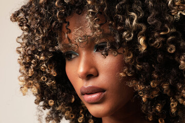 Close-up portrait of African American young woman with afro hair posing indoor. 