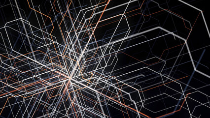 Obraz premium Many crossing and bending beams isolated on black background. Animation. Many connections of colorful lines gather into one point and then disappear.