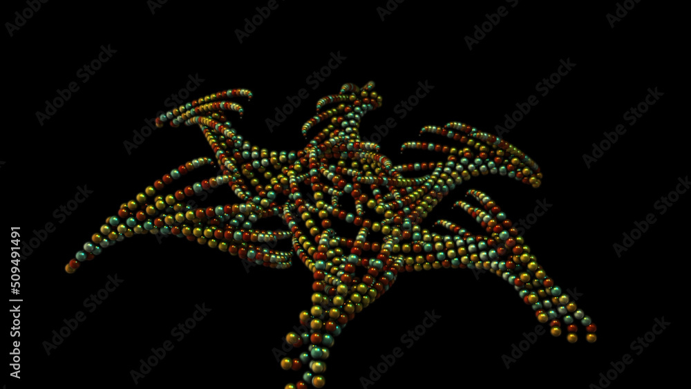 Poster 3d abstraction of multicolored patterns of small beads rotating and floating on the black background