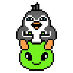 Fototapeta premium Penguin jumping on a green alien space hopper ball, pixel art animal character isolated on white background. Retro 80s, 90s 8 bit slot machine, video game graphics. Cartoon fitness child mascot.