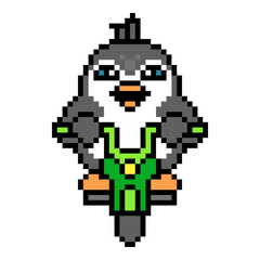 Penguin riding green scooter, pixel art animal character isolated on white background. Old school retro 80's-90's 8 bit slot machine, computer, video game graphics. Cartoon motorcycle delivery mascot.