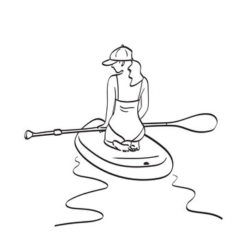recommend clip art: woman in swimsuit with cap sitting on SUP board and holding paddle illustration vector hand drawn isolated on white background line art.