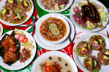 traditional yucatecan food. mexican food. sopa de lima, panuchos, queso relleno, longaniza de Valladolid. food from Yucatan. - obrazy, fototapety, plakaty