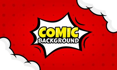 Pop art comic background with clouds and stars. Cartoon Vector Illustration on RED