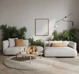 White living room in minimalist style interior design 3d render with mockup frame, cozy sofa, coffee table and plants