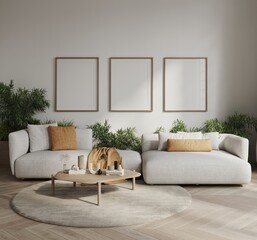 White living room in minimalist style interior design 3d render with mockup frame, cozy sofa, coffee table and plants