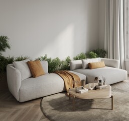 White living room in minimalist style interior design 3d render with cozy sofa, coffee table and plants