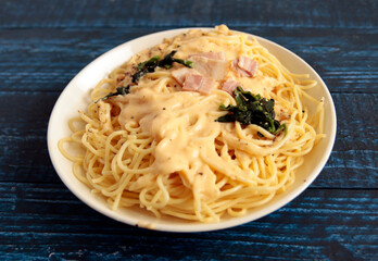 Pasta carbonara on the table