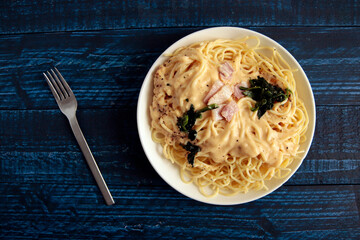 Pasta carbonara on the table