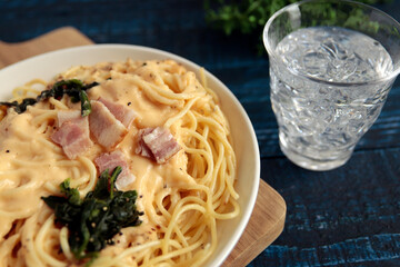 Pasta carbonara on the table