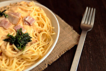 Pasta carbonara on the table