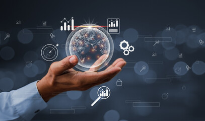 Creative background, a male hand with the iPad, the image of the hologram of the cloud, blue background. The concept of cloud technology, cloud storage, and a new generation of networks. Mixed media.