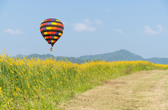 color hot air balloon in the blue sky background.