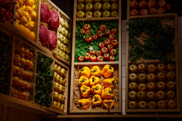 Yellow peppers and tomatoes in boxes. Rustic top view.