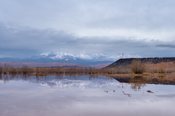 Landscape with lake and snowy mountains