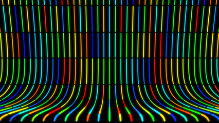 Abstract curved background with moving neon colored lines on black background. Animation. Hypnotic curved background with fast moving neon lines in stream