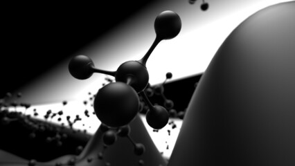 Molecular structure of black atom with mathematical geometric wavy surface under black- lighting background. Concept image of vaccine development, regenerative and advanced medicine. 3D CG. 