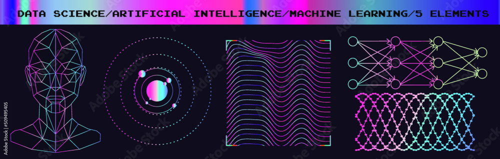 Poster Set of images in sci-fi futuristic style. Concept illustrations for neural network and artificial intelligence subjects.