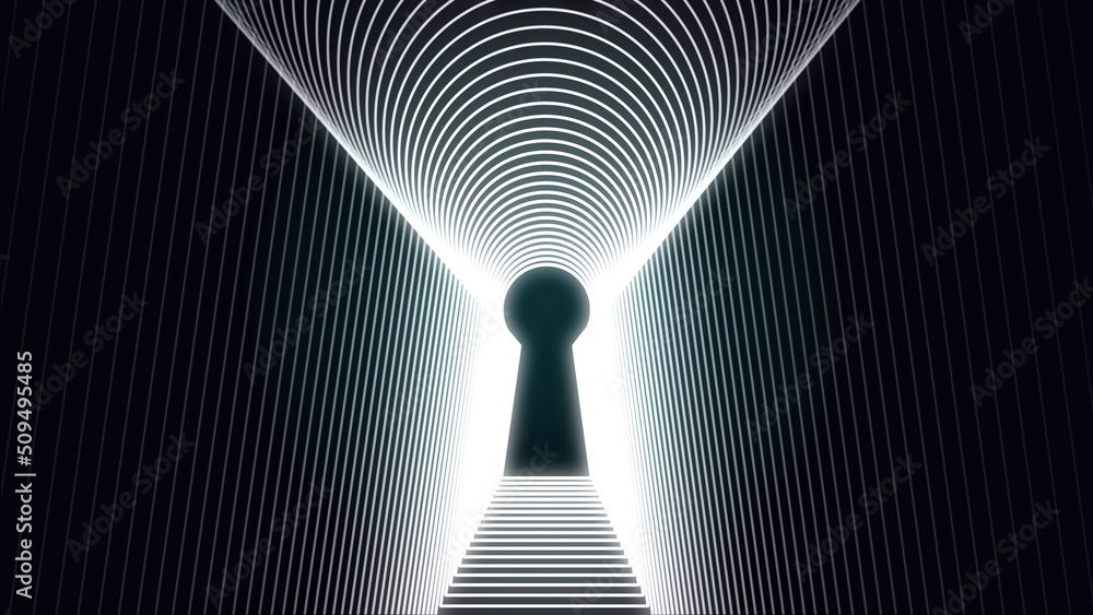 Poster abstract animation of neon keyhole icon forming the tunnel on black background. animation. concept o