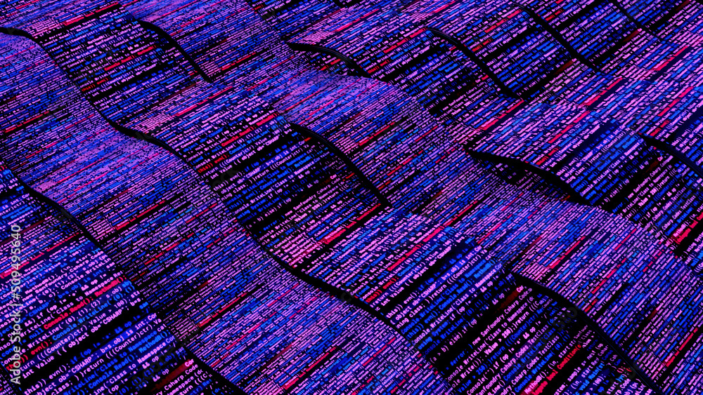 Poster beautiful moving wavy line background in purple colors, seamless loop. animation. technological patt