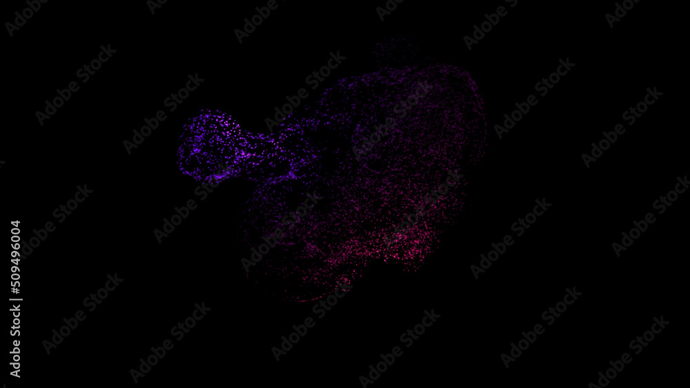Poster abstract animation of rotating sphere decaying into multicolored moving particles on black backgroun