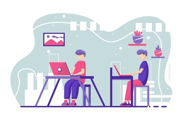 flat design illustration man working with laptop and books in office