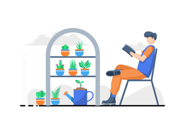 flat design illustration man watering plants with water
