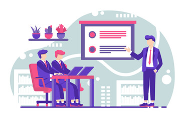 flat design illustration man working with laptop and books in office