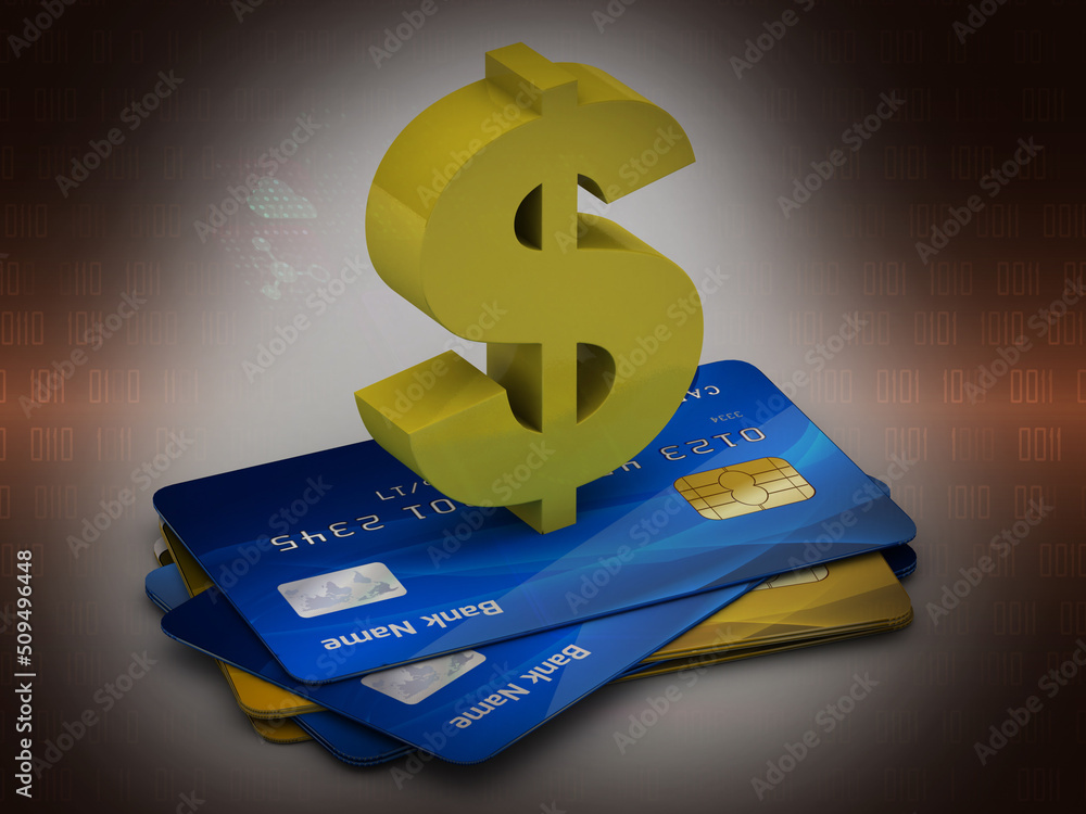 Poster 3d rendering atm card with dollar sign digital background