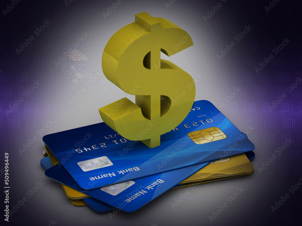 Poster 3d rendering atm card with dollar sign digital background
