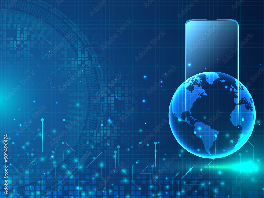 Aufkleber world with internet devices. global communication technology. 2d render background