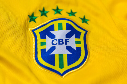 Shield on the yellow shirt of Brazil Football National Team. FIFA champions, worl cup, national team concept.
