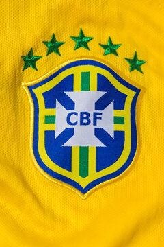 Shield on the yellow shirt of Brazil Football National Team. FIFA champions, worl cup, national team concept.