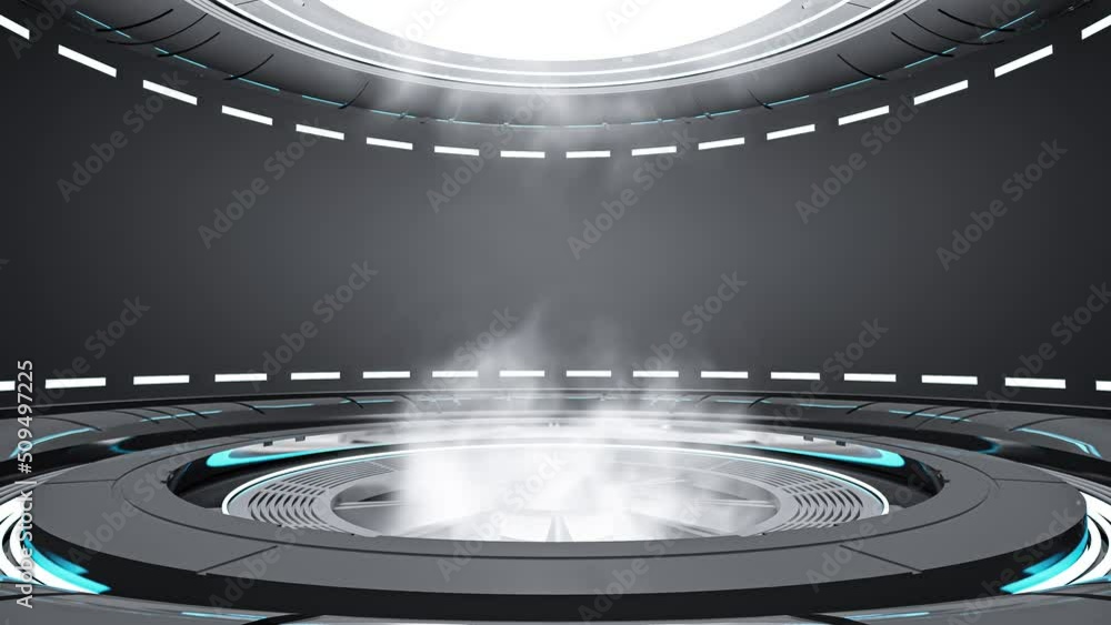 Poster technology element animation seamless loop. dark night power podium empty stage and smoke or steam. 