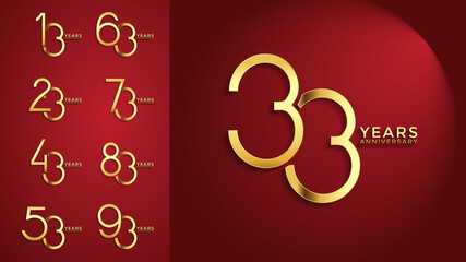set anniversary golden color logotype style with overlapping number on red background