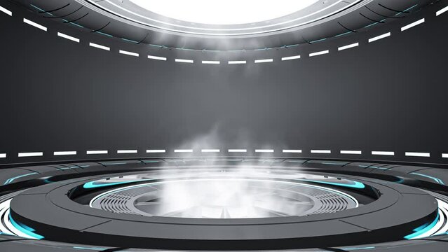 Technology element animation seamless loop. Dark night power podium empty stage and smoke or steam. Futuristic and innovation background concept, 3D render.