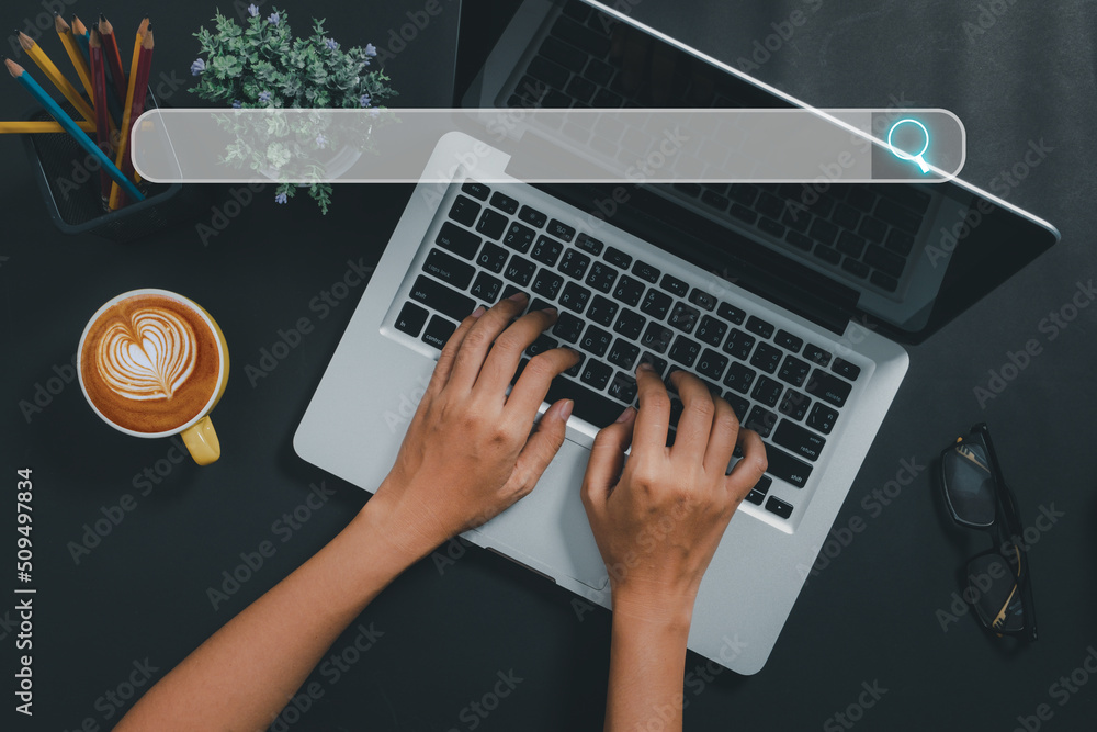 Poster searching browsing internet data information networking concept, top view woman hand using laptop on