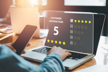 Customer review satisfaction feedback survey concept, User gives rating to service experience on...