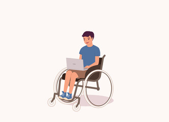 One Smiling Boy With Laptop Sitting In A Wheelchair. Full Length. Character, Cartoon.
