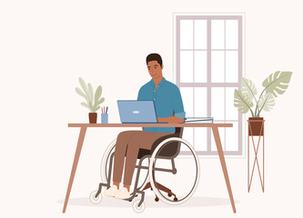 Fototapeta premium One Smiling Black Man In Wheelchair Working With His Laptop In Office. Full Length. Character, Cartoon.