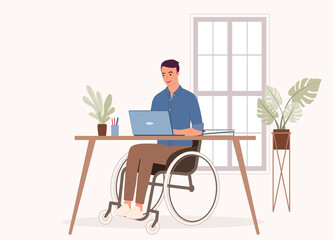One Smiling Man In Wheelchair Working With His Laptop In Office. Full Length. Character, Cartoon.