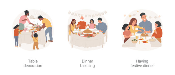 Fototapeta premium Family gathering isolated cartoon vector illustration set. Family decorate table for Thanksgiving Day celebration, festive dinner blessing, holding hands and praying at the table vector cartoon.