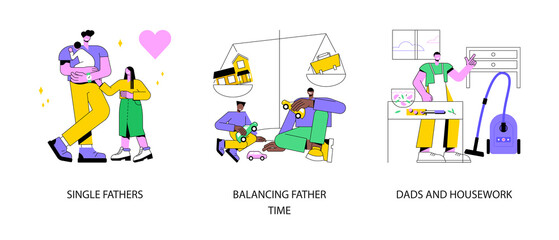Fatherhood abstract concept vector illustration set. Single fathers, balancing father time, dads and housework, feeding baby, happy kid and family, chores at home, time together abstract metaphor.