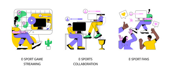 Video game show abstract concept vector illustration set. E-sport game streaming, eSports collaboration, fan club and community, computer game, champion league, global entertainment abstract metaphor. - obrazy, fototapety, plakaty