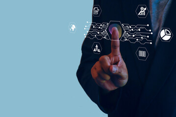 Usiness people touch Virtual screen to scan fingerprints, data management concepts, big data, business processes, automated operations, various storage systems, cloud computing.