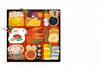 年賀状 2023年　お節とうさぎの置物のイラスト
