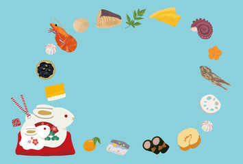 年賀状 2023年　お節とうさぎの置物のイラスト
