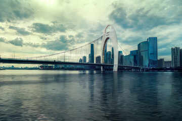 Guangzhou city, Guangdong, China. Liede Bridge and Zhujiang (Pearl) River, Tianhe area.