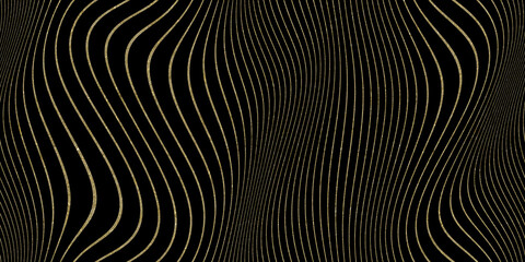 Seamless abstract luxury gold wavy optical illusion stripes on black pattern.  Trendy vintage art deco gold foil lines for graphics, poster or cards background. High resolution 3D Rendering..